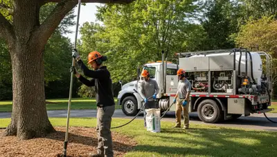 Seattle, WA arborist applying tree fertilizer for healthier growth in residential yard