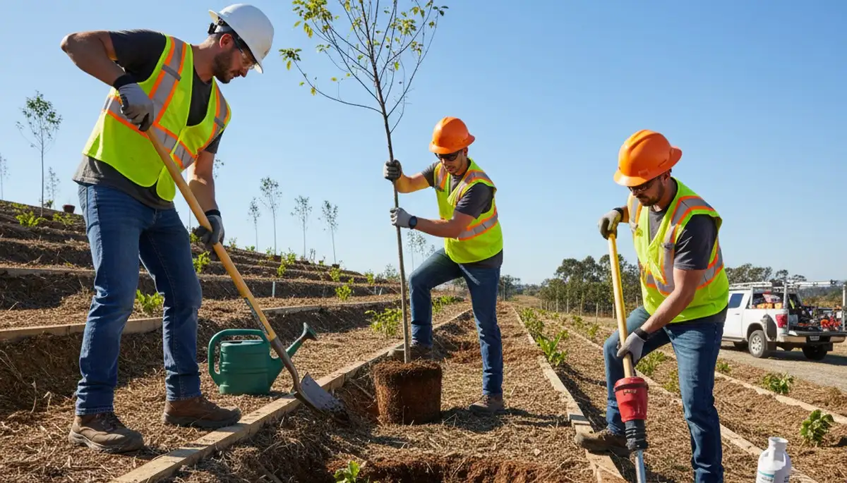 Seattle, WA arborist planting a young tree for residential tree planting services