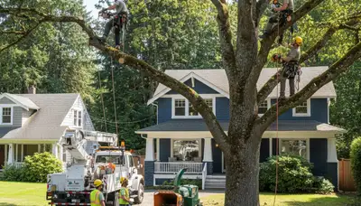 Tree service crew in Seattle, WA trimming and removing trees for safe residential properties