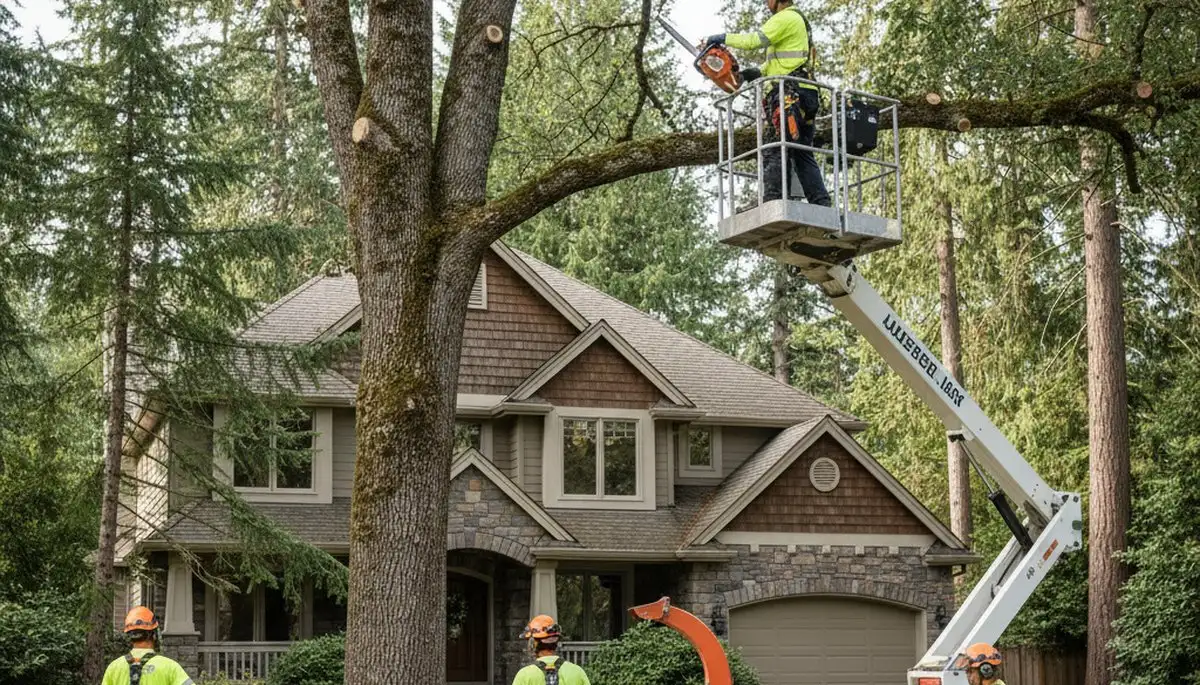 Tree service crew in Seattle, WA handling tree trimming and removal for a local property
