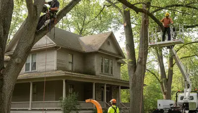 Seattle, WA tree service crew performing professional tree trimming and removal on a residential property