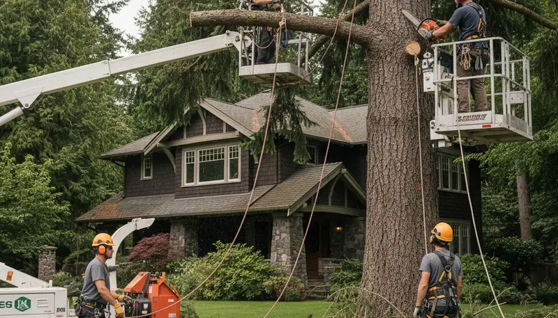 Seattle, WA tree service crew providing professional tree care and removal on a residential property