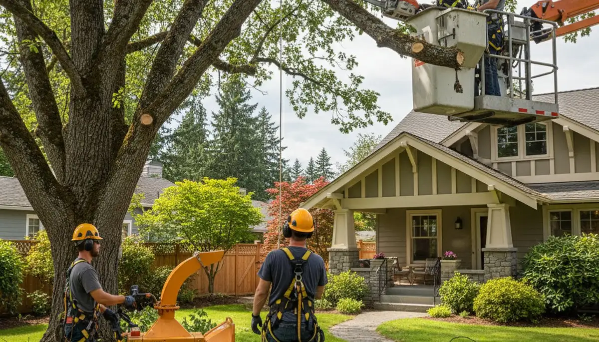 Tree service crew in Seattle, WA providing professional tree trimming and removal on a residential property