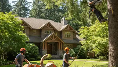 Seattle, WA tree service crew removing a hazardous tree near a home
